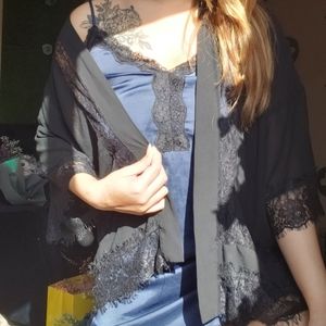 Navy Satin Dress and Lace Black Kimono